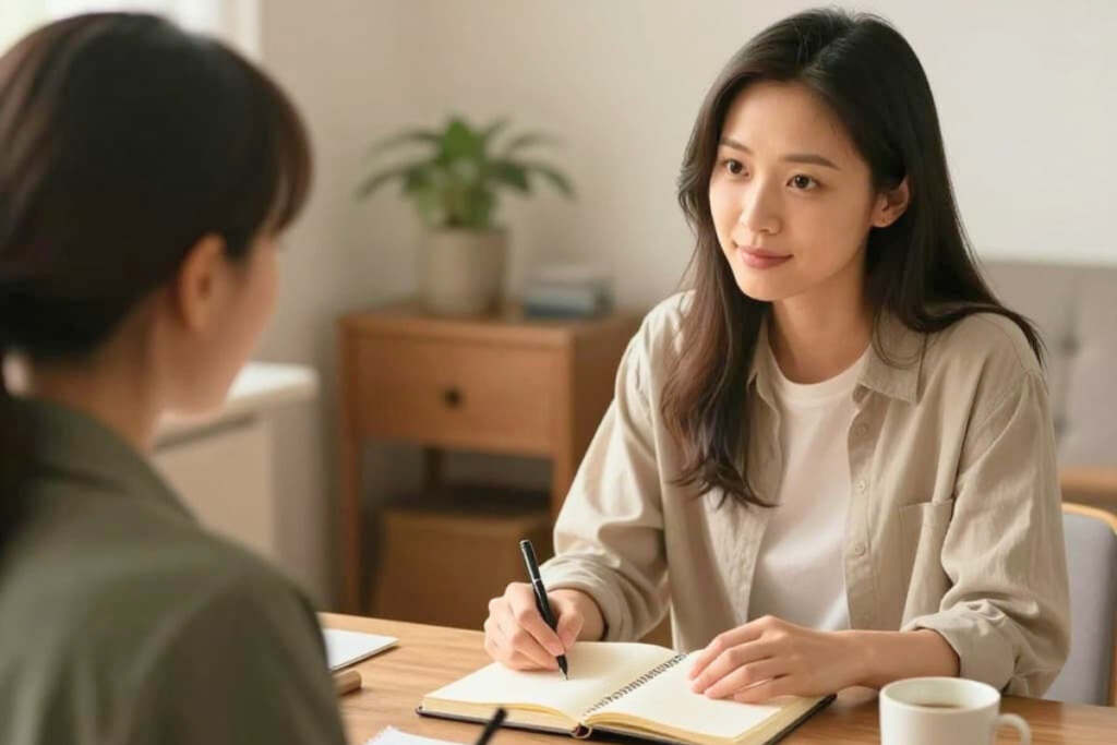 Therapist and client in counseling session during an intensive outpatient program using cognitive behavioral therapy techniques.