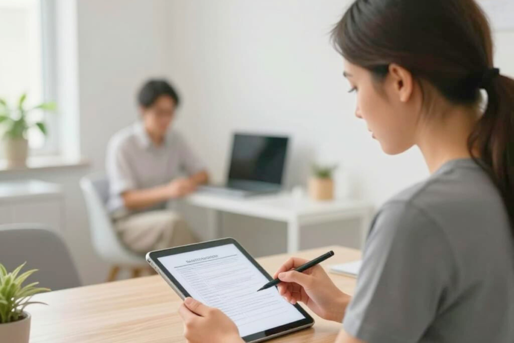 Therapist reviewing clinical notes as part of evidence-based care in an intensive outpatient program.