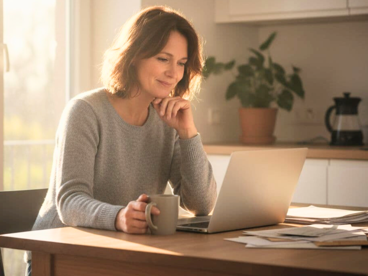 Woman sitting at kitchen table using laptop while researching intensive outpatient program options for addiction treatment.