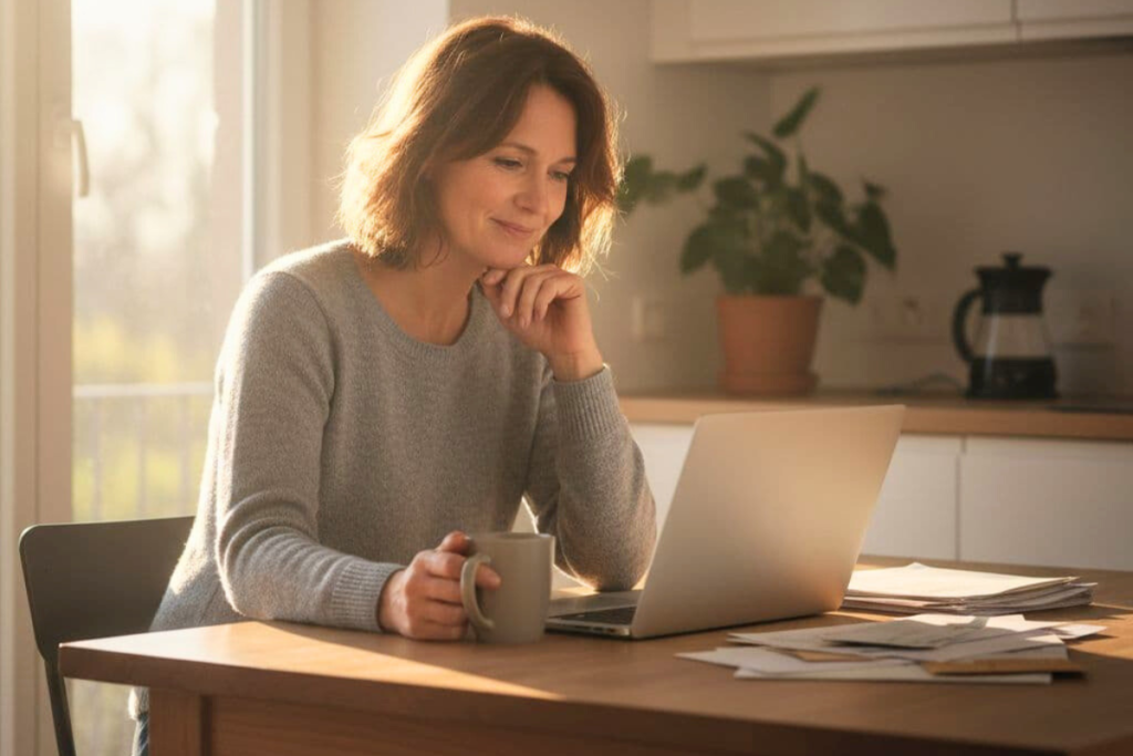 Adult reviewing paperwork at kitchen table while exploring intensive outpatient program options for addiction treatment.