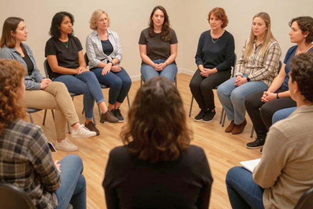 Adults participating in group therapy during an intensive outpatient program for substance use recovery.