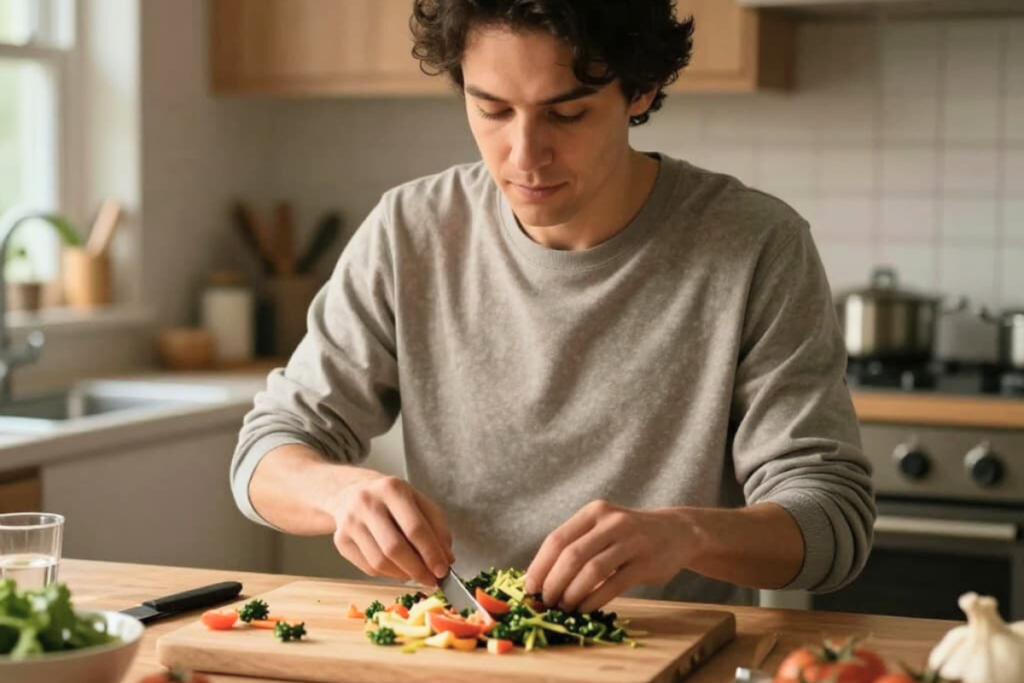 Adult preparing healthy meal at home while applying recovery skills from an intensive outpatient program.