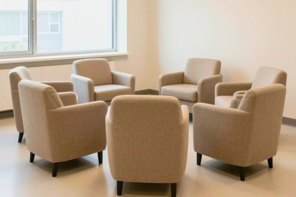 Comfortable therapy room used for intensive outpatient program sessions with welcoming seating arrangement.