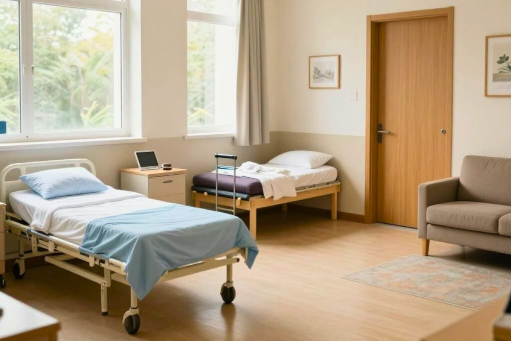 Different addiction treatment settings including inpatient care, therapy room, and home environment representing the intensive outpatient program continuum.