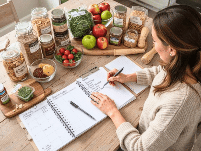 Woman writing a grocery list at a kitchen table surrounded by fresh food and pantry items while planning meals using low energy shopping tips