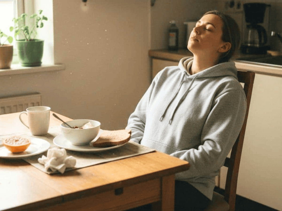 easy meal prep for chronic illness showing a tired woman sitting at kitchen table with simple breakfast foods and low energy fatigue