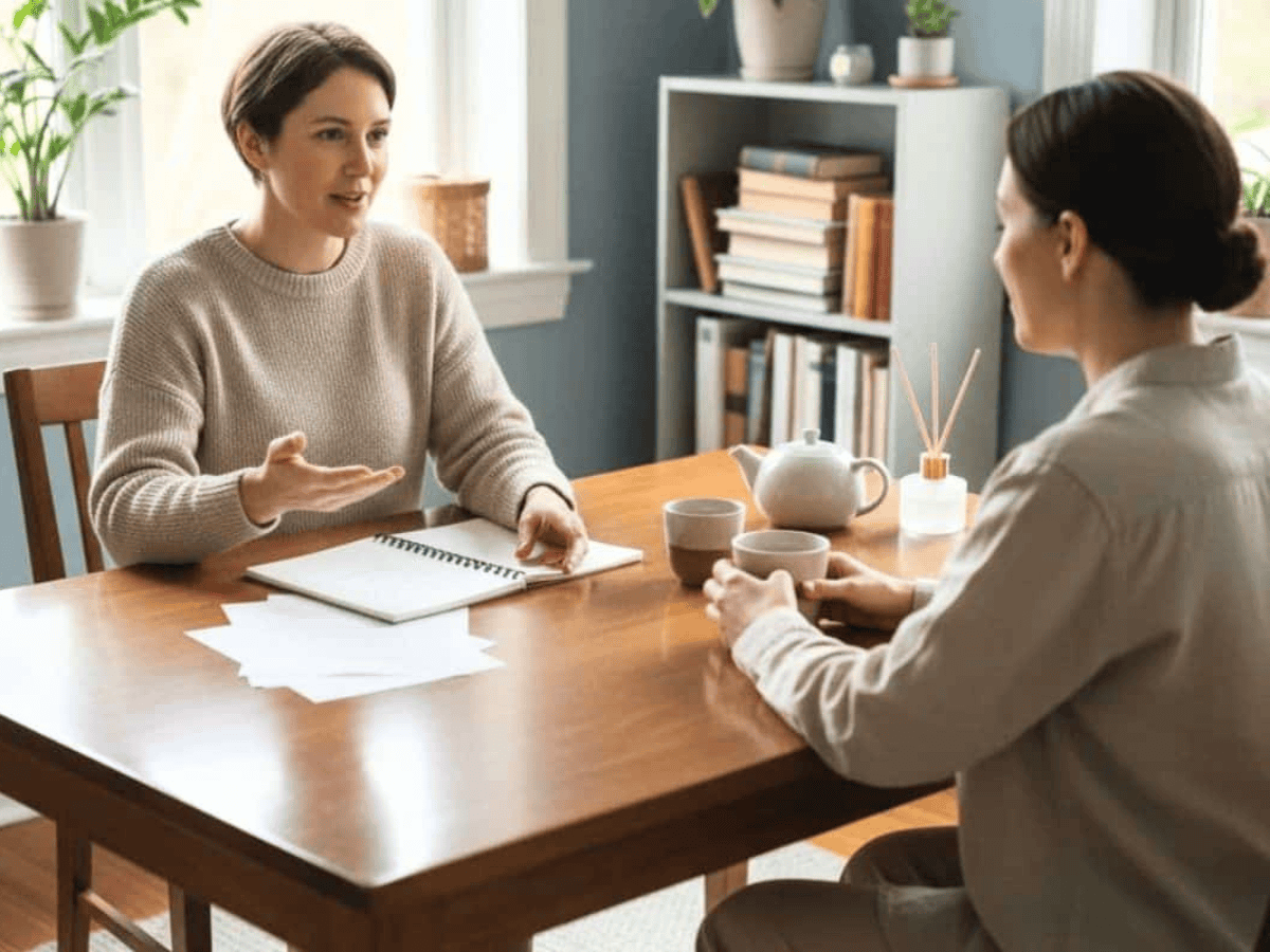 Two people sitting at a table having a supportive conversation about entering residential rehab after detox