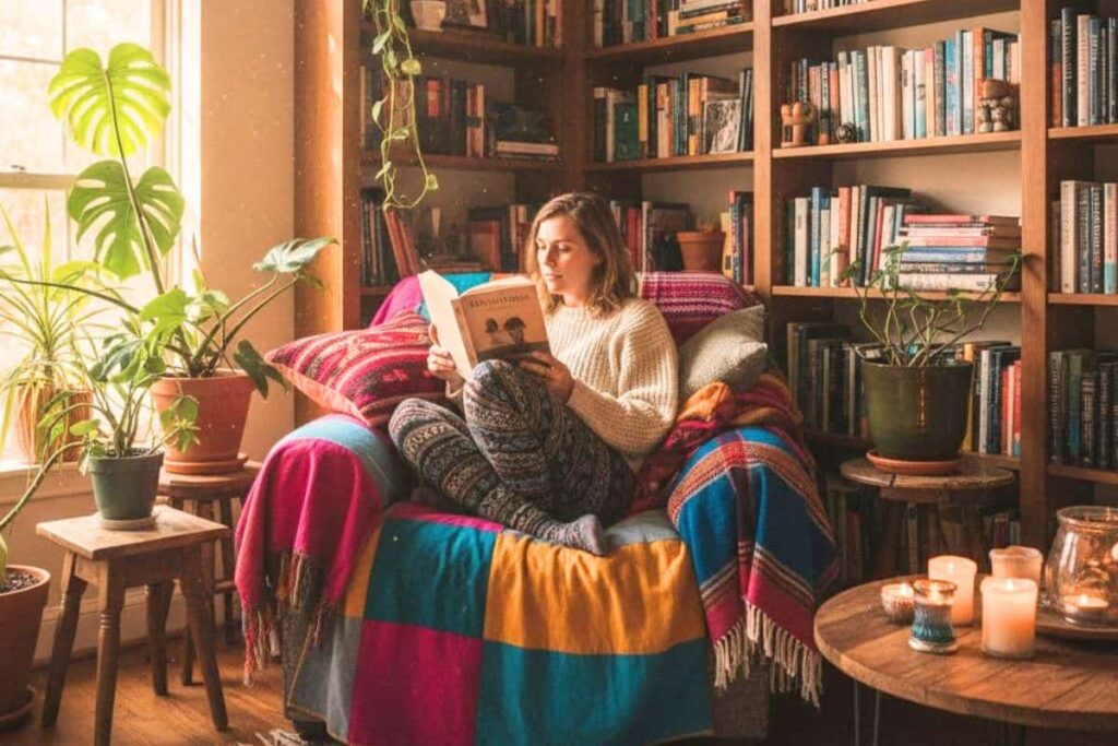 White woman enjoying a colorful and cozy reading routine at home