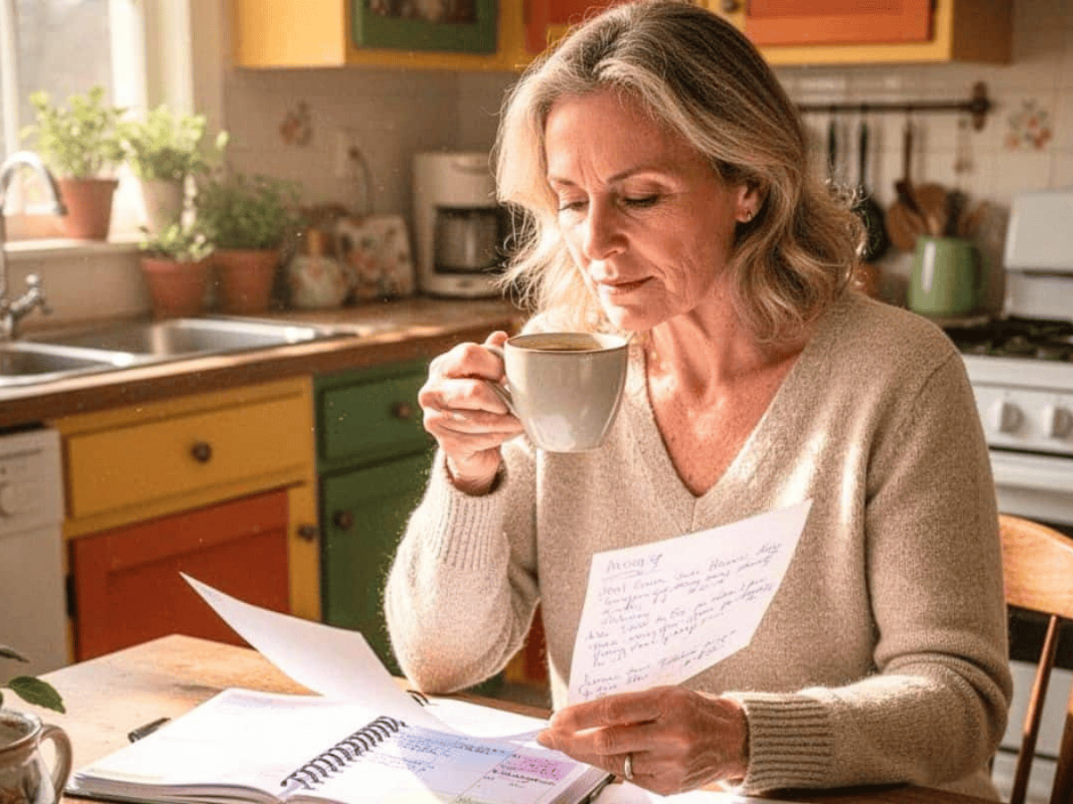 White woman using a planner and grocery notes for low stress kidney meal planning in a cozy kitchen at home