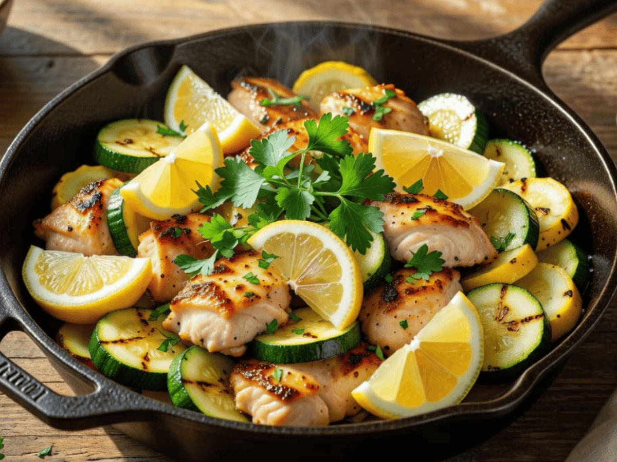 Healthy lemon chicken with zucchini and yellow squash cooked in a cast iron skillet and garnished with fresh lemon wedges and parsley
