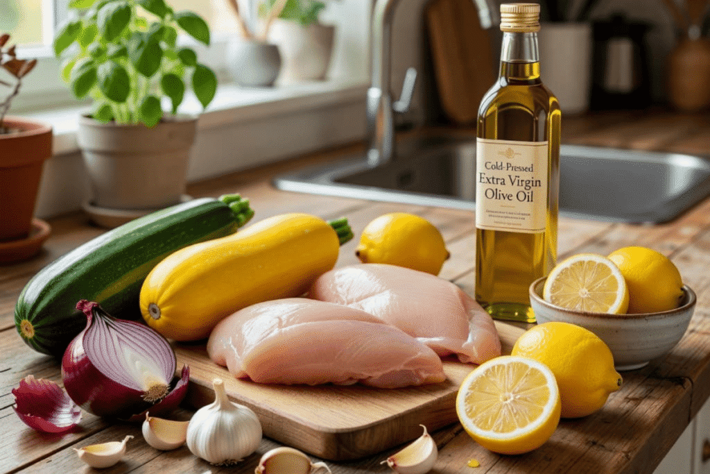 Ingredients needed to make lemon chicken with zucchini and yellow squash