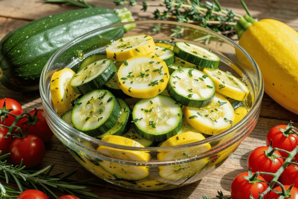 Zucchini and yellow squash coated in lemon herb marinade