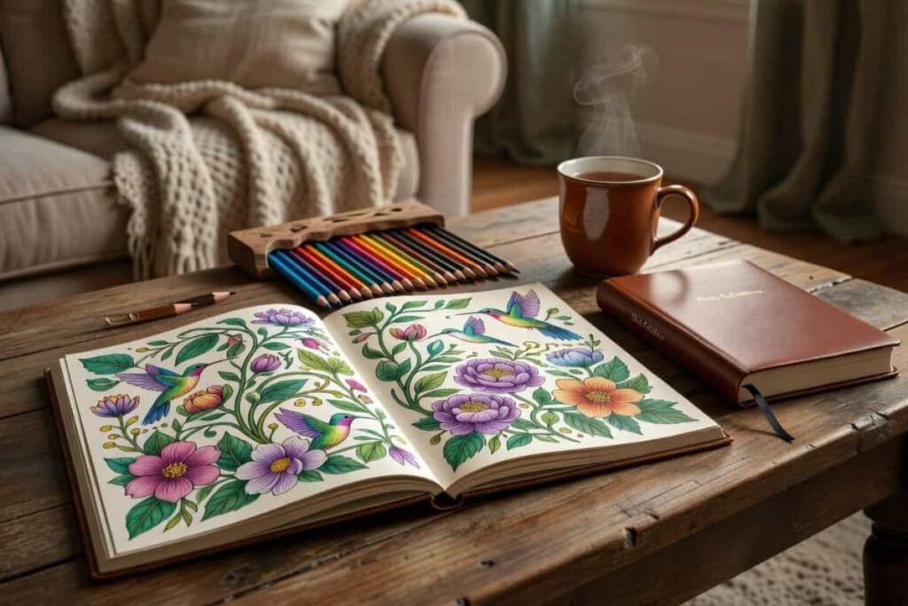 Adult coloring book and journal for hobbies to do at home