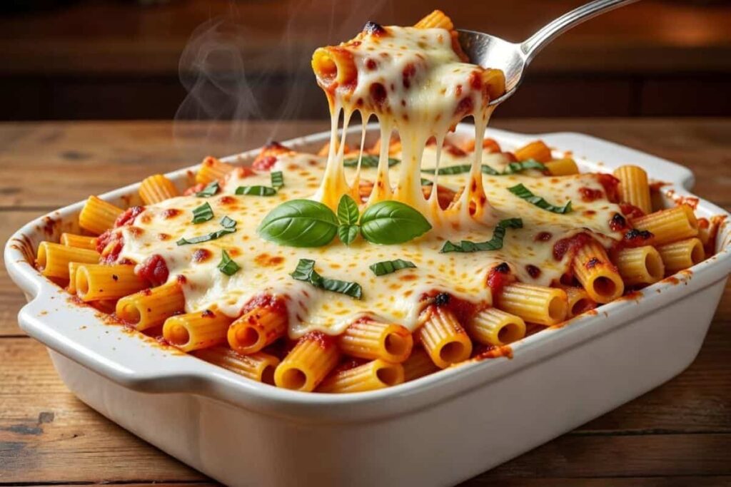 Creamy baked ziti prepared as an easy one-pan family dinner