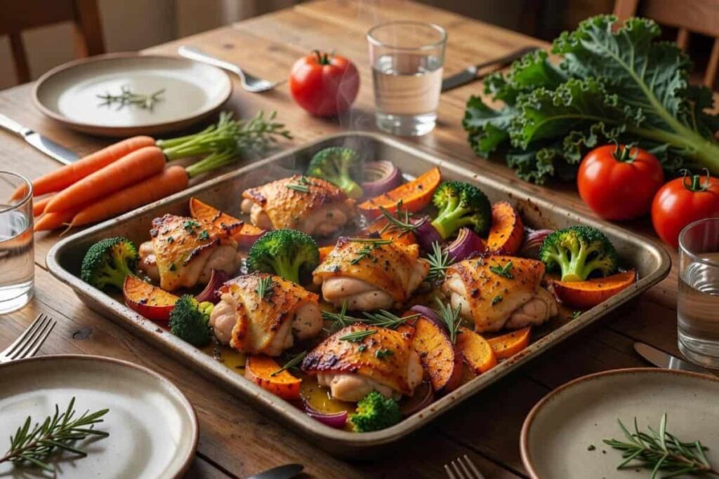 Family enjoying an easy one-pan meal for dinner