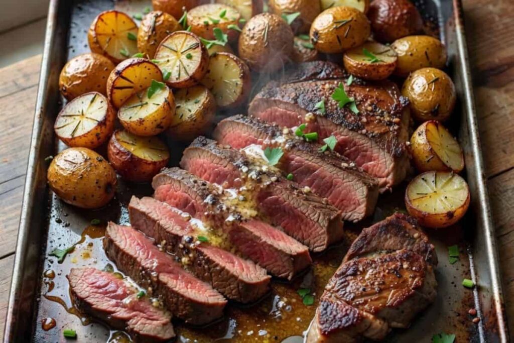 Garlic steak and potatoes cooked together in one pan