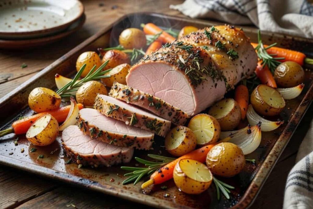 Herb roasted pork tenderloin with vegetables on one baking sheet
