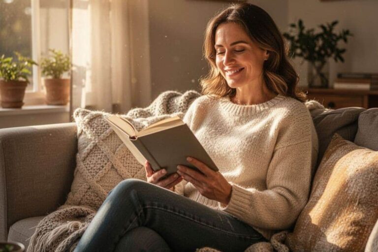 Woman relaxing at home with one of the best hobbies for stress relief on a low-energy day