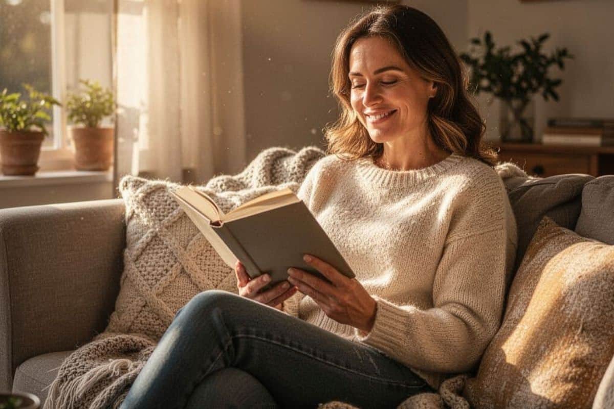 Woman relaxing at home with one of the best hobbies for stress relief on a low-energy day