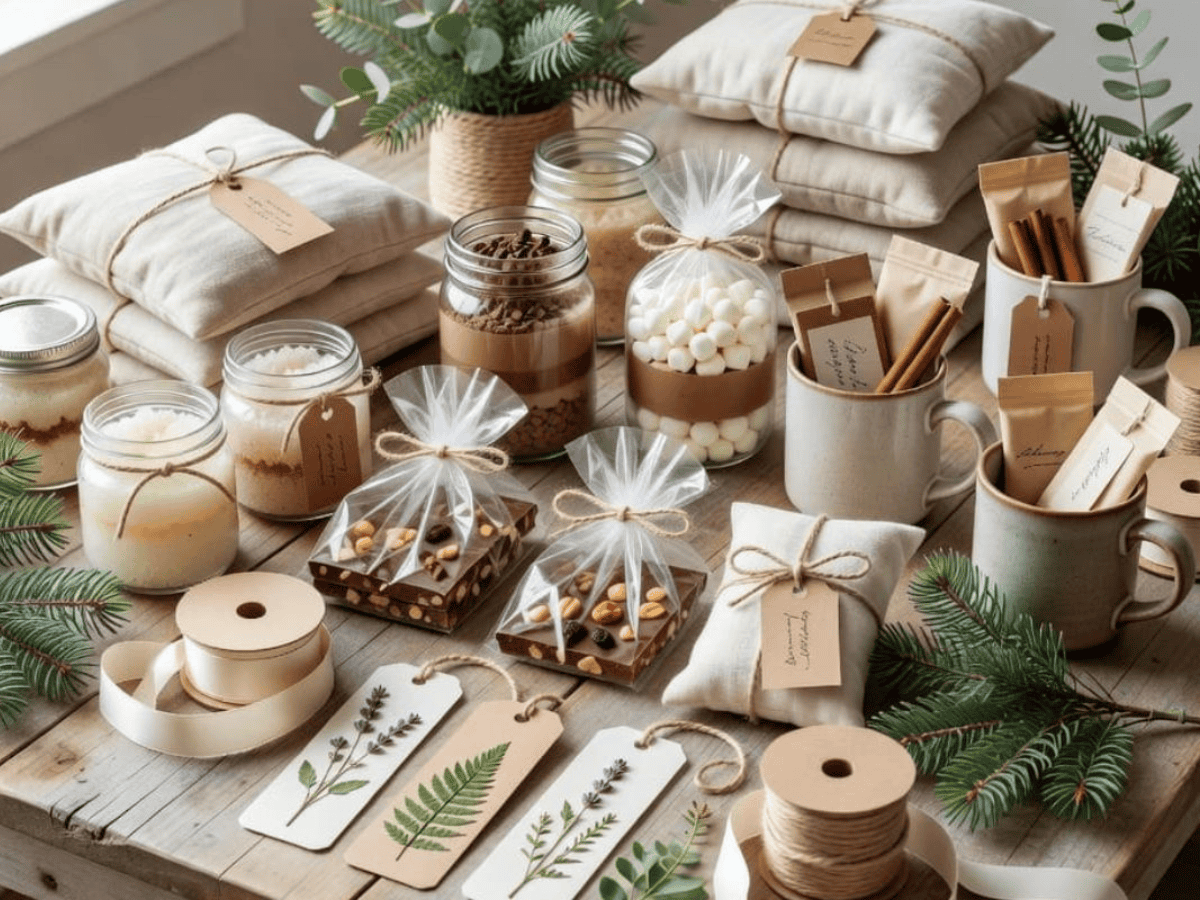 Homemade gift ideas including DIY heat packs, hot cocoa jars, sugar scrubs, chocolate bark, and thoughtful handmade gifts.