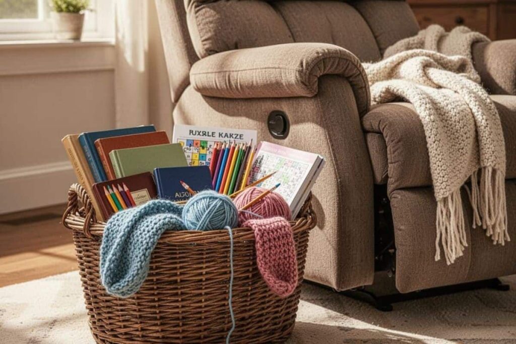 Hobby basket filled with supplies for low energy hobbies