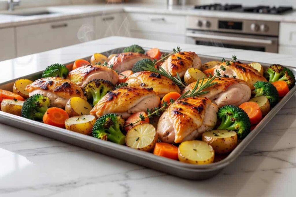 One-pan meals with roasted chicken, potatoes, and vegetables on a baking sheet