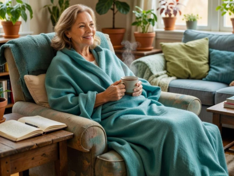 Self-care for chronic illness with a woman relaxing under a cozy blanket while enjoying a warm cup of tea at home.