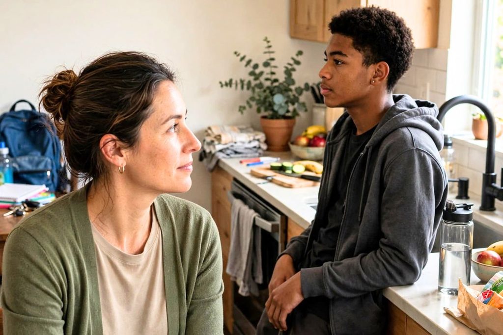 Parent listening calmly while talking with a teenage son in the kitchen