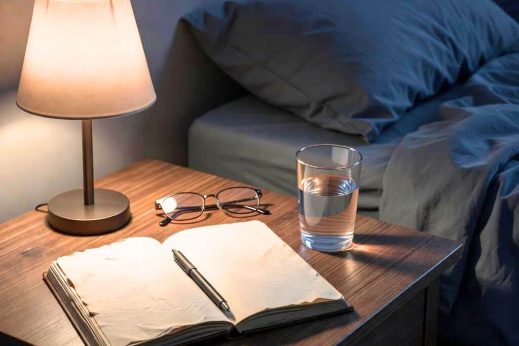 Evening journal for calming anxious thoughts before bed