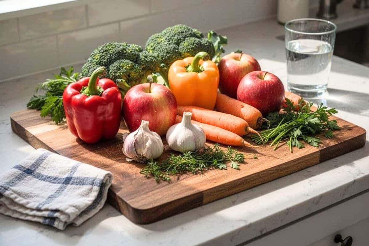 Fresh vegetables, apples, garlic, and herbs on a kitchen counter representing foods harmful to kidneys and healthier meal choices.