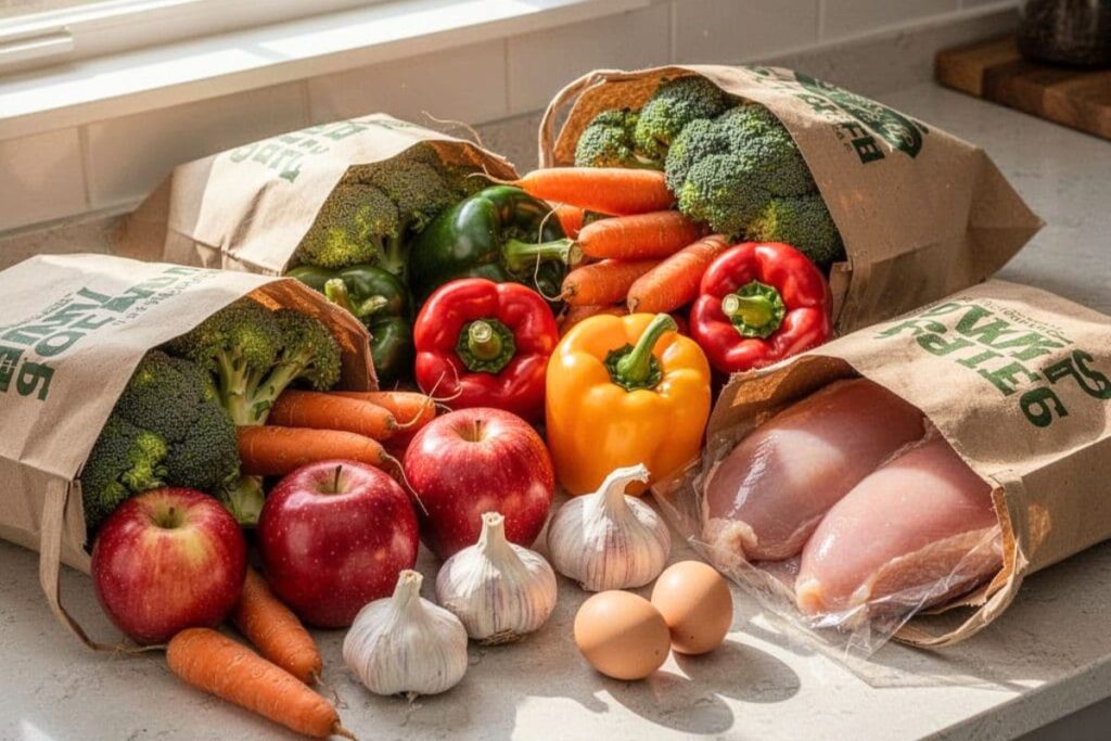 Healthy groceries ready for checkout at a grocery store.