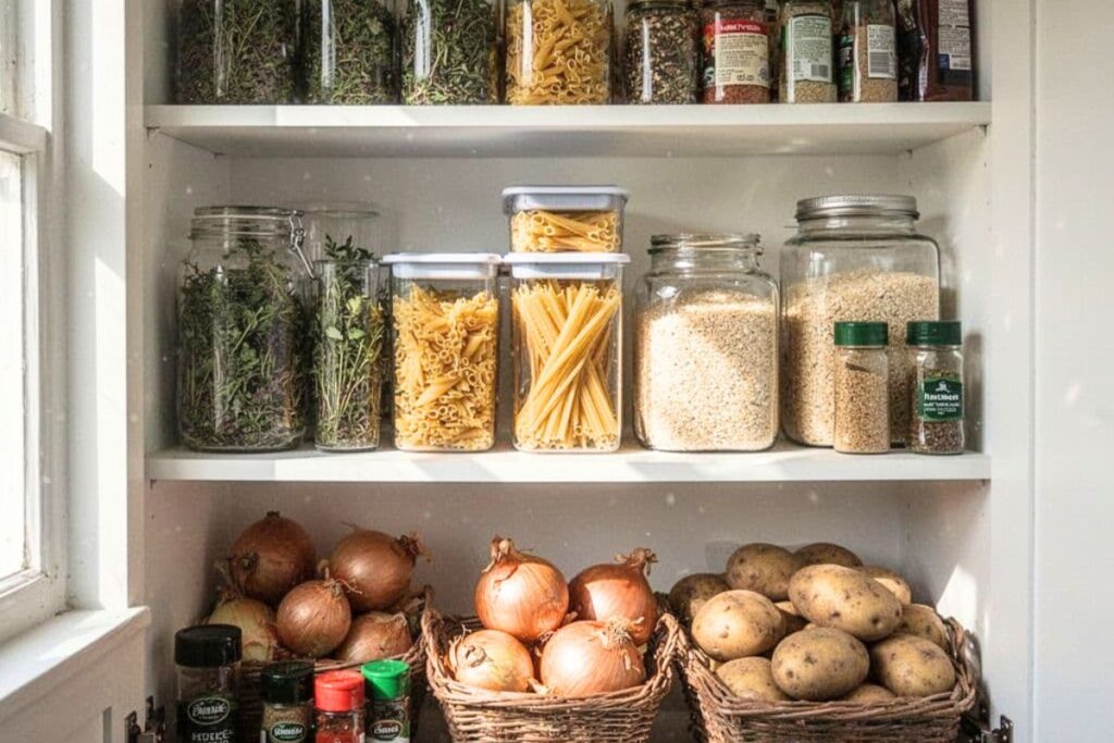 Pantry shelf containing common packaged foods that may be high in sodium.