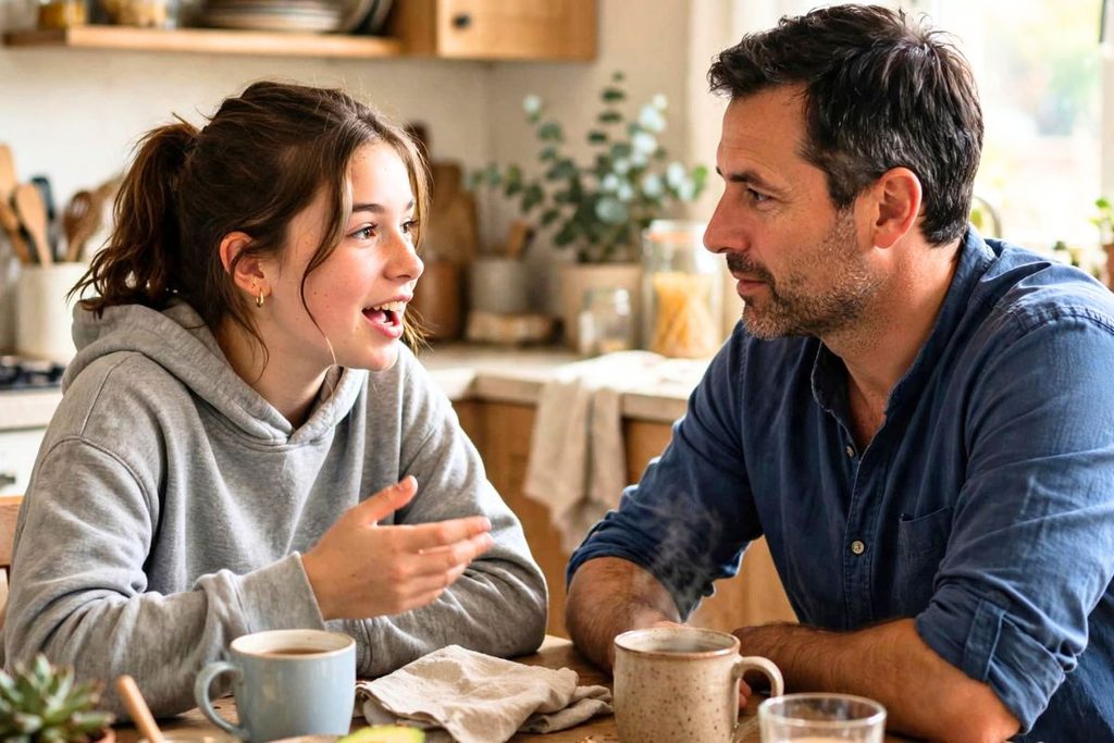 Father listening attentively as his teenage daughter talks at the kitchen table