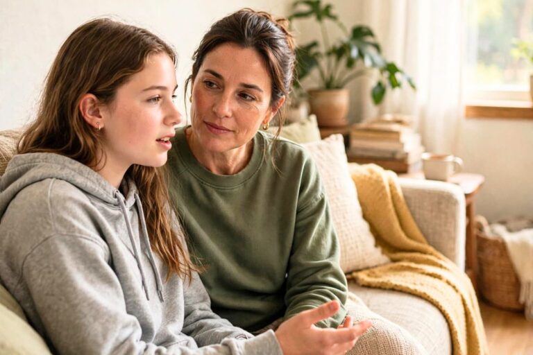 Mother listening to her teenage daughter during a quiet conversation at home
