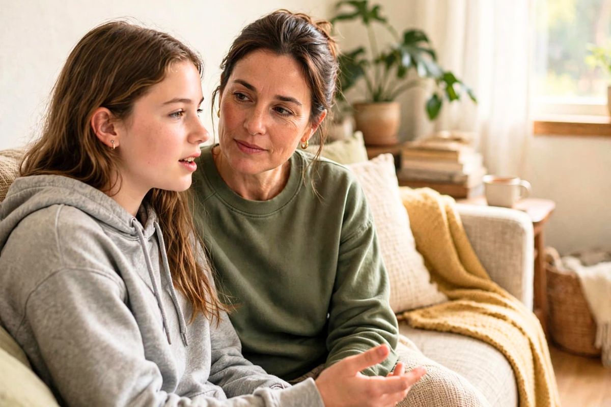 Mother listening to her teenage daughter during a quiet conversation at home