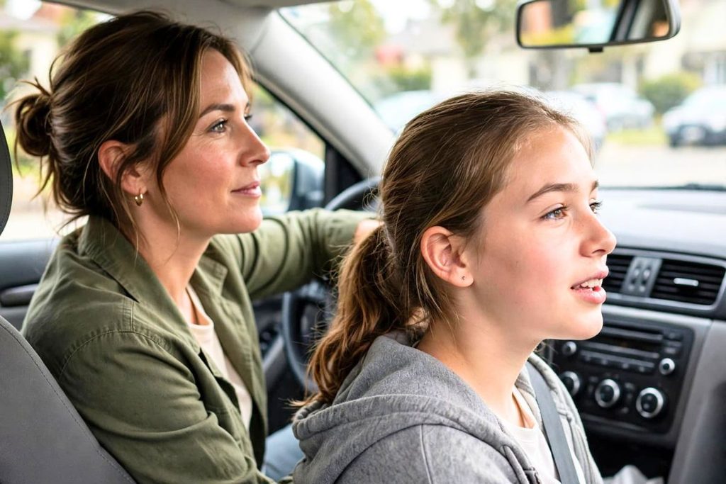 Mother and teenage daughter having a relaxed conversation in the car