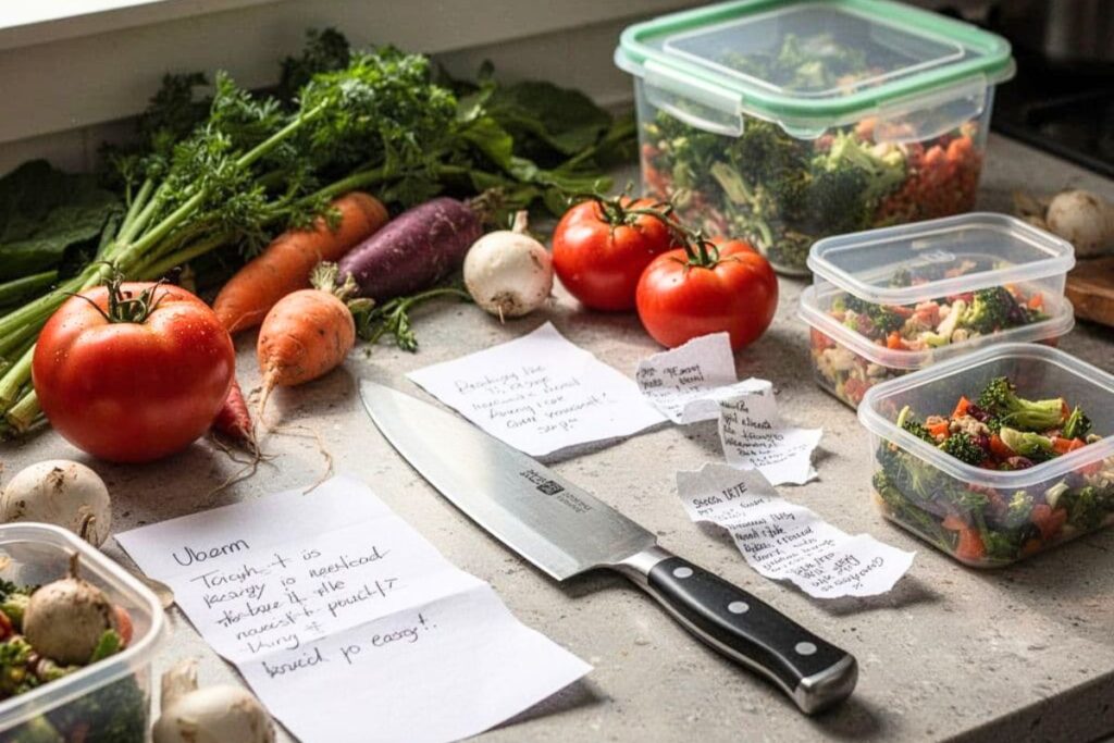 Meal preparation with fresh ingredients in a home kitchen.