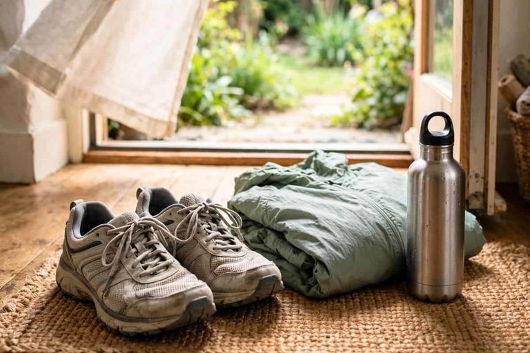 Walking shoes by an open door representing movement and mental health