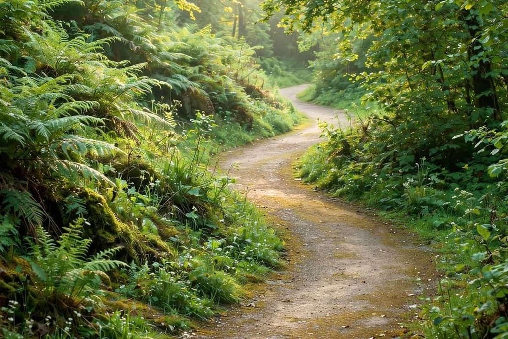 Peaceful walking trail representing movement and mental health benefits