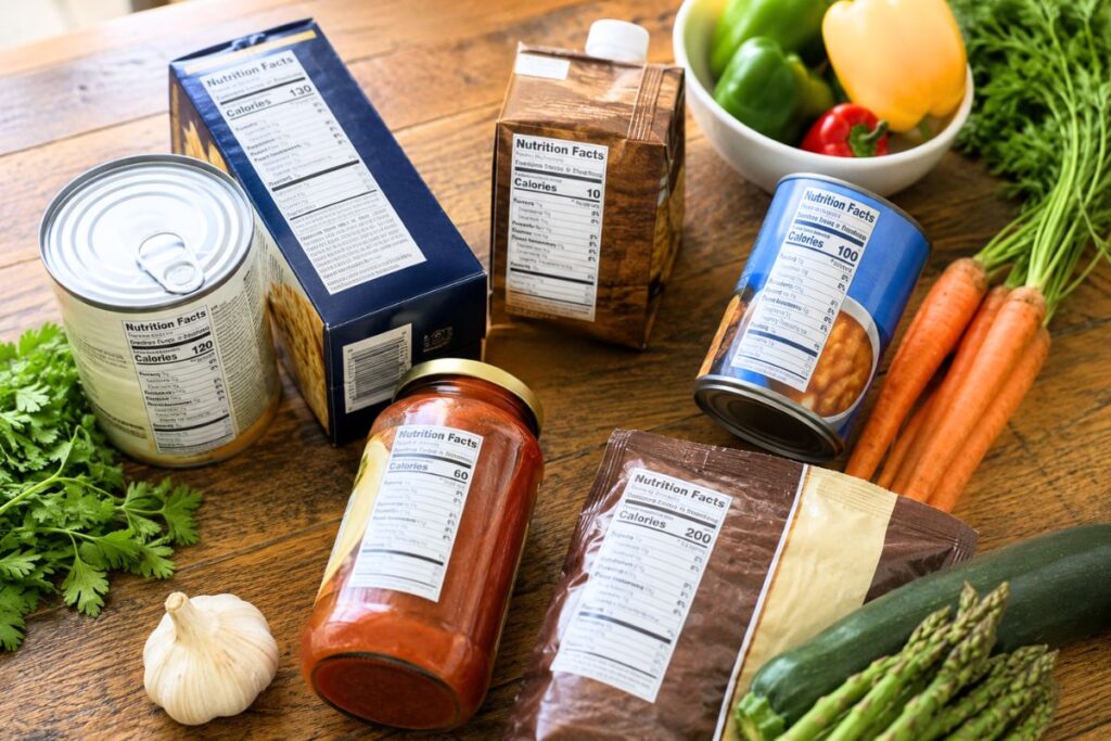 Nutrition labels on packaged foods beside fresh vegetables.