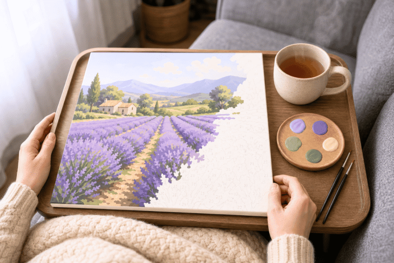 Paint by numbers on a lap tray with a lavender landscape, paints, brushes, and tea for a relaxing low-energy hobby.