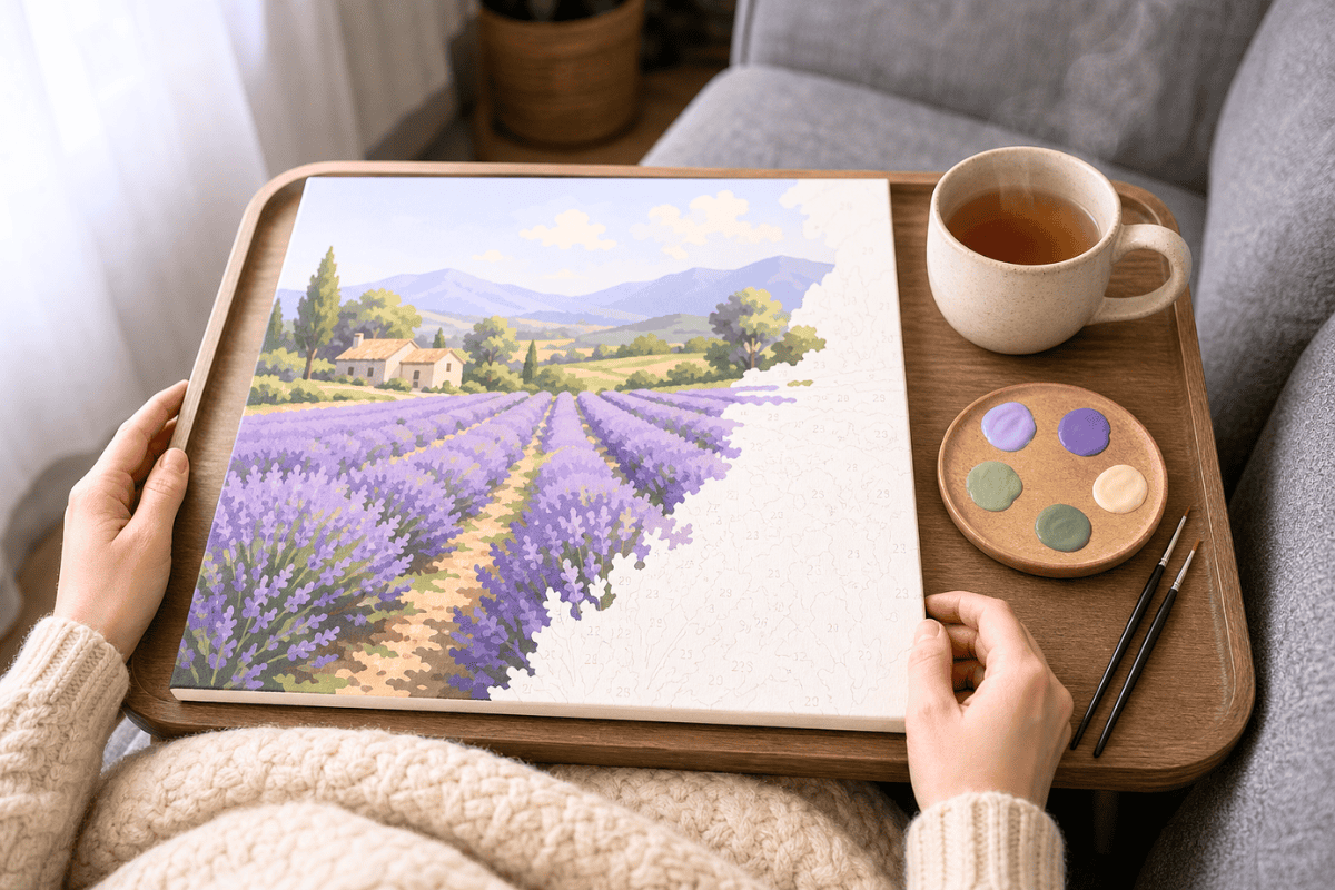 Paint by numbers on a lap tray with a lavender landscape, paints, brushes, and tea for a relaxing low-energy hobby.