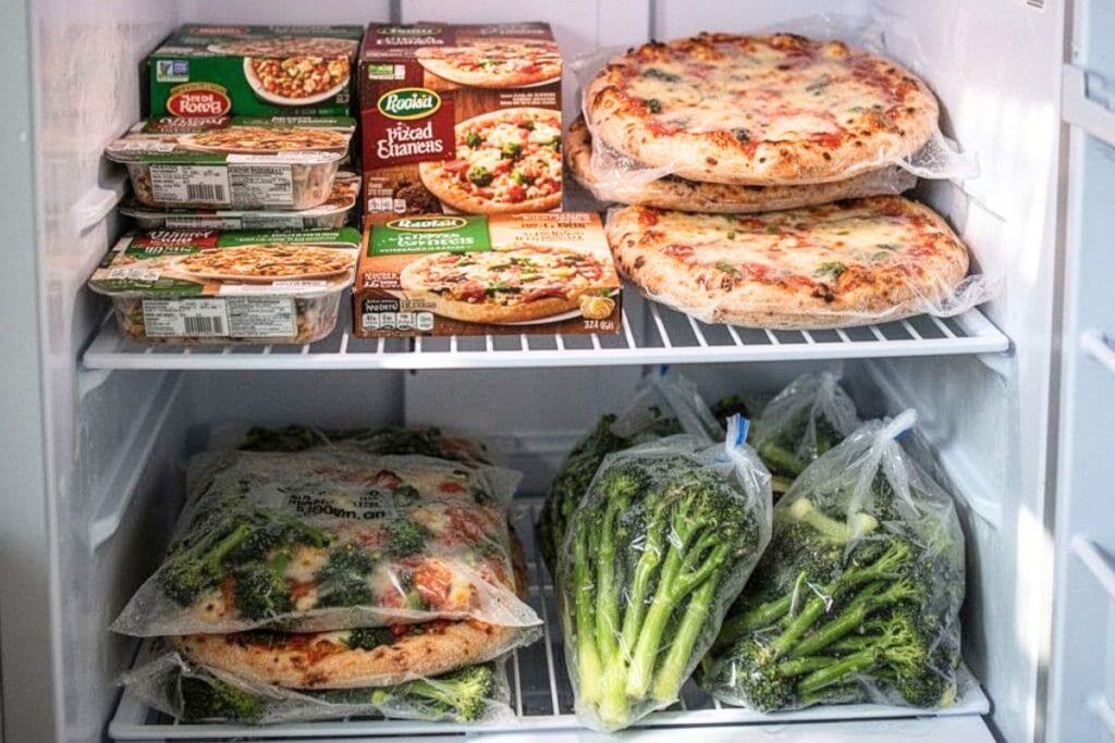 Frozen convenience foods stored in a home freezer.