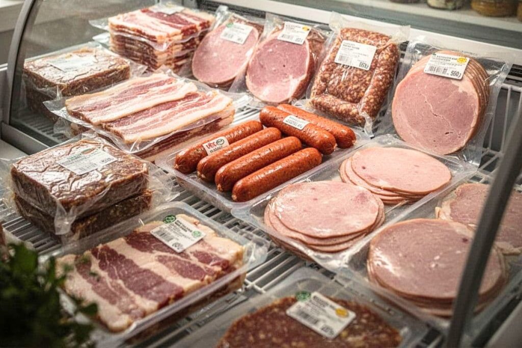 Processed meats displayed in a refrigerated grocery store case.