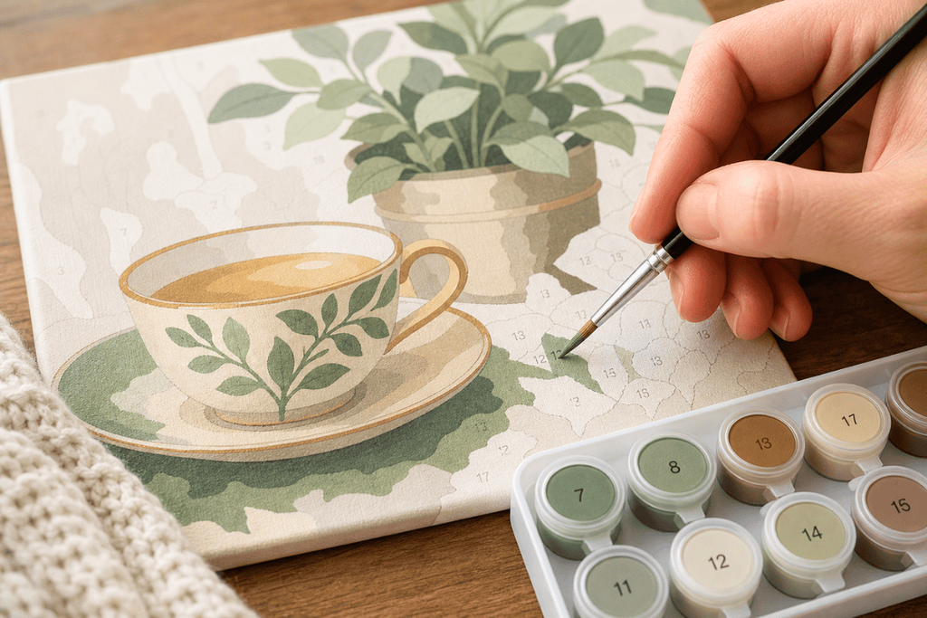 Close-up of a person painting a paint by numbers canvas featuring a teacup and plant with numbered paint pots nearby.