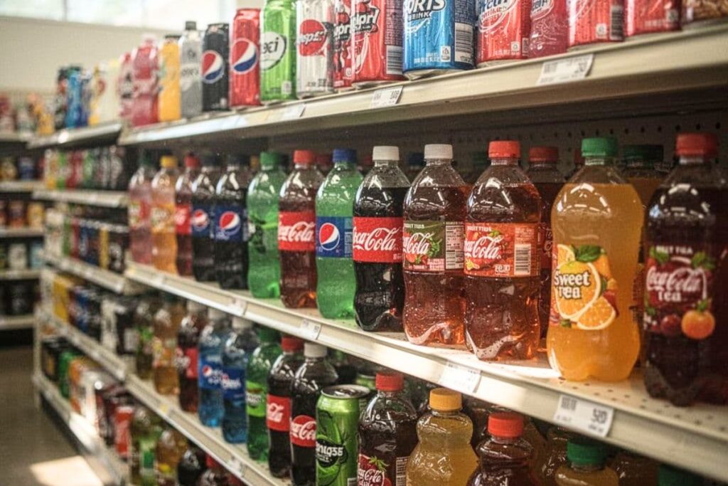 Beverage aisle with sugary drink options in a grocery store.