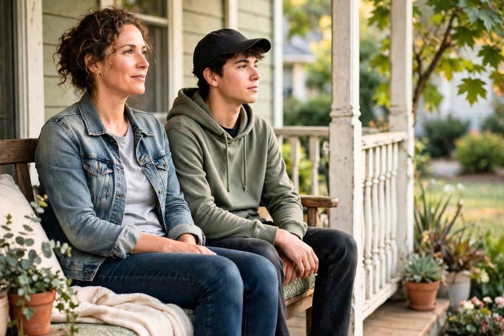 Parent sitting quietly beside a teenager and offering support