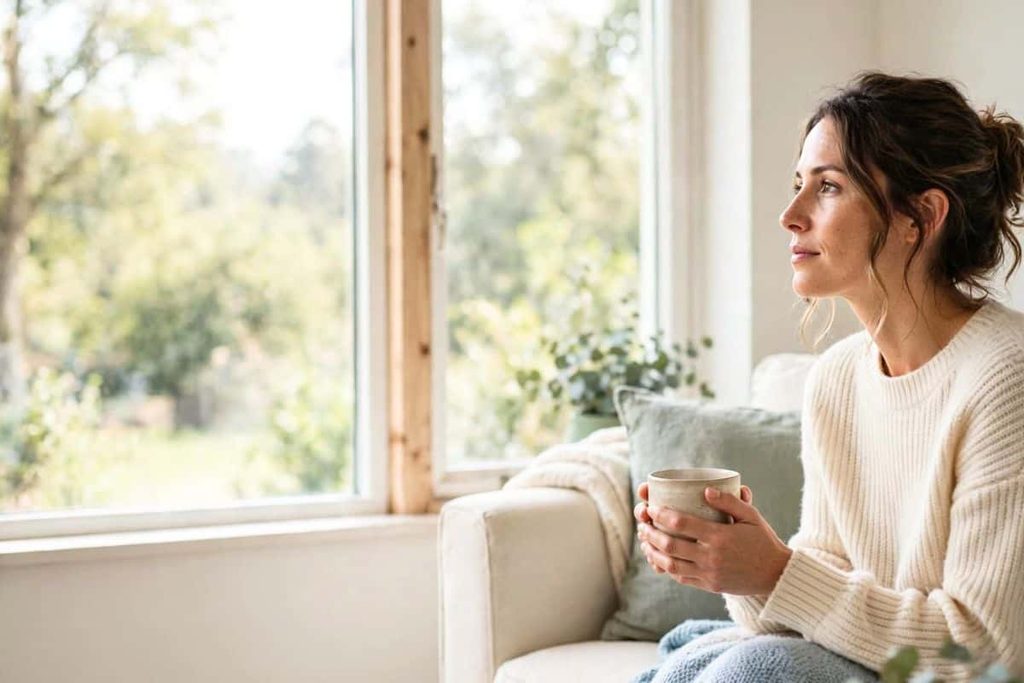 Woman holding a mug and looking thoughtfully out a living room window.