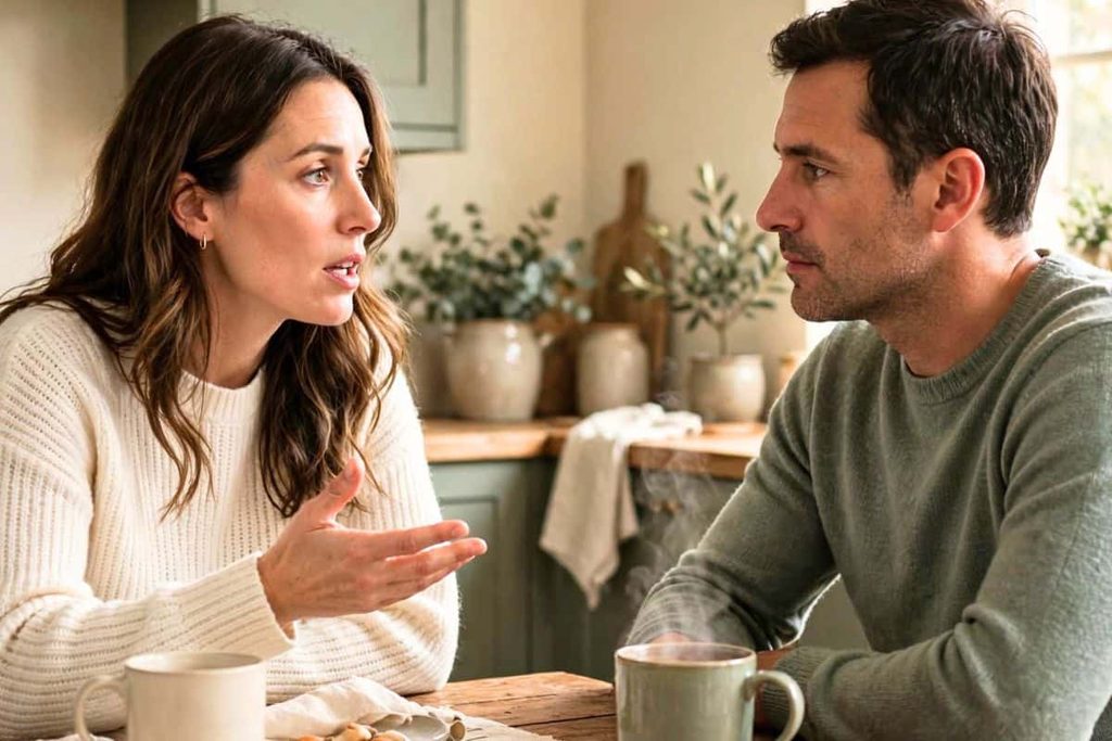 Two adults having a thoughtful conversation across a kitchen table.