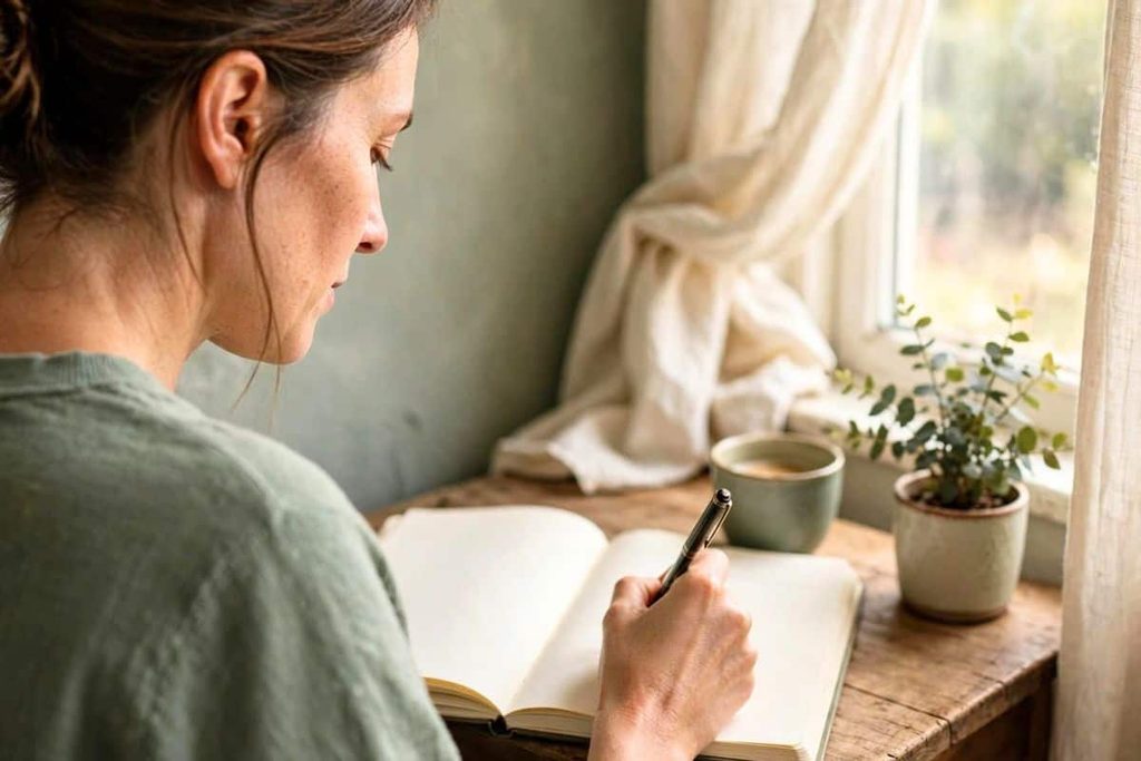 Woman writing in a journal at a desk beside a sunlit window.